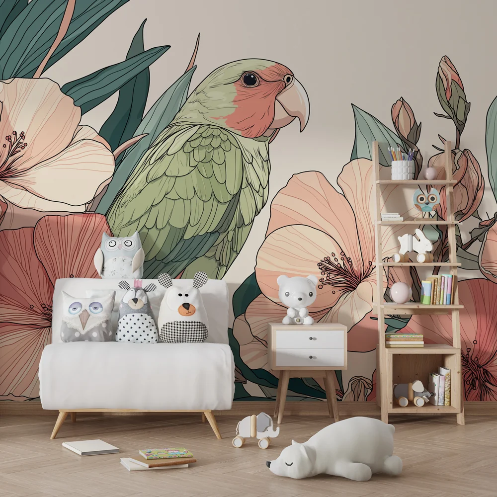 Kinderzimmer Tapete | Papagei und zarte Blumen