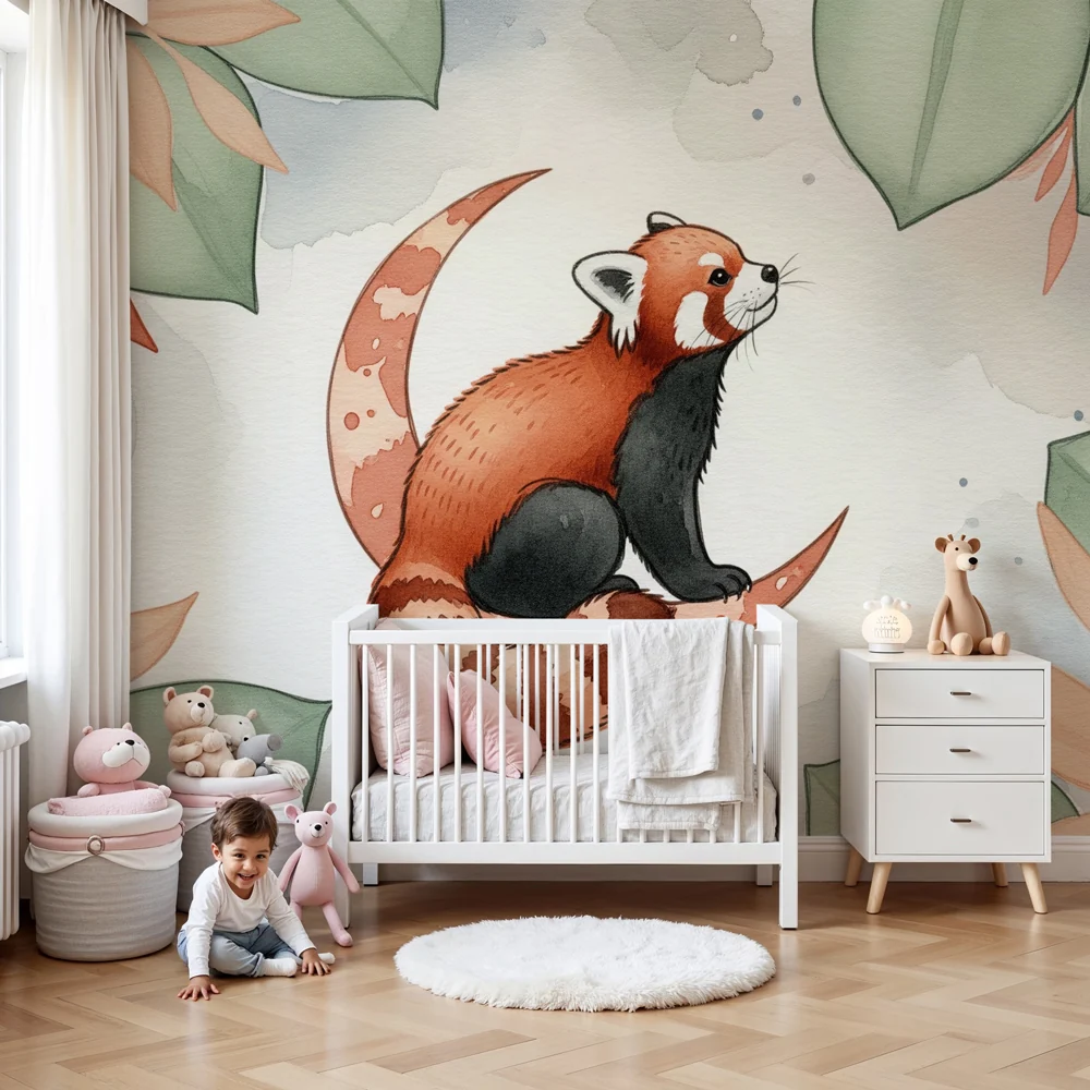 Kinderzimmer Tapete | Roter Panda auf floralem Hintergrund