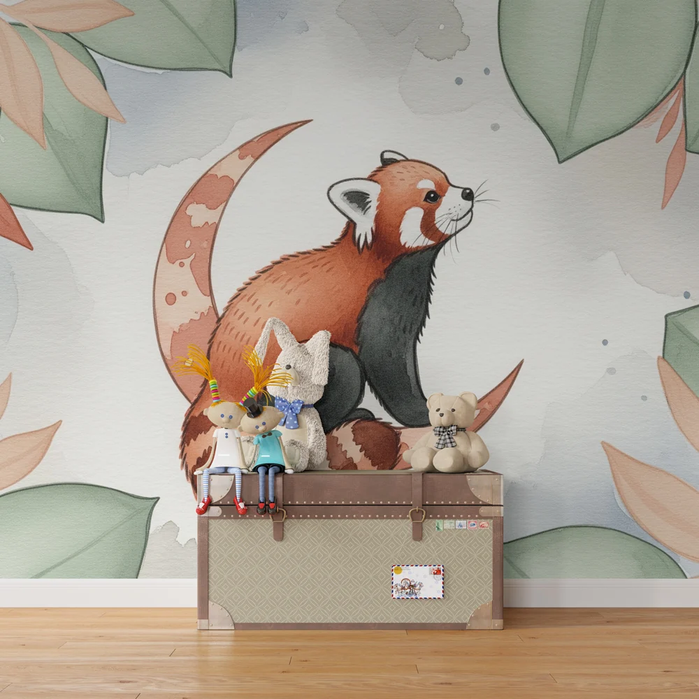 Kinderzimmer Tapete | Roter Panda auf floralem Hintergrund
