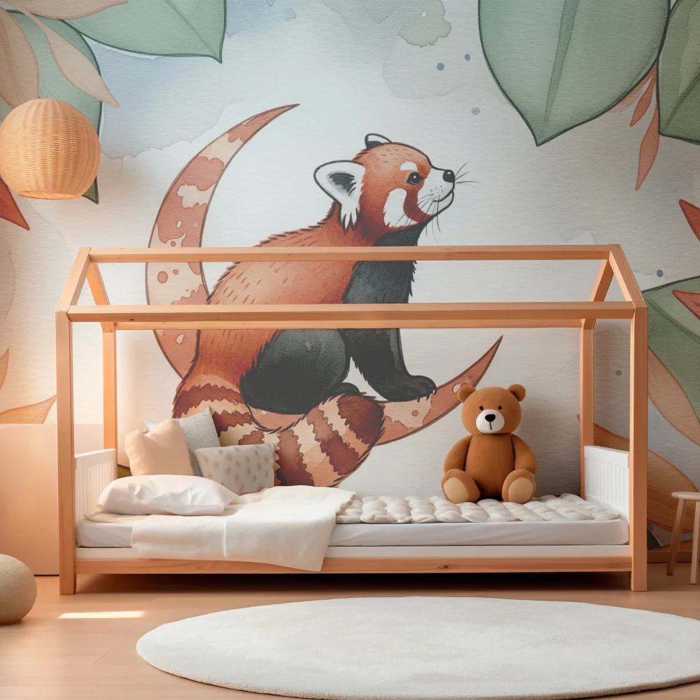 Kinderzimmer Tapete | Roter Panda auf floralem Hintergrund