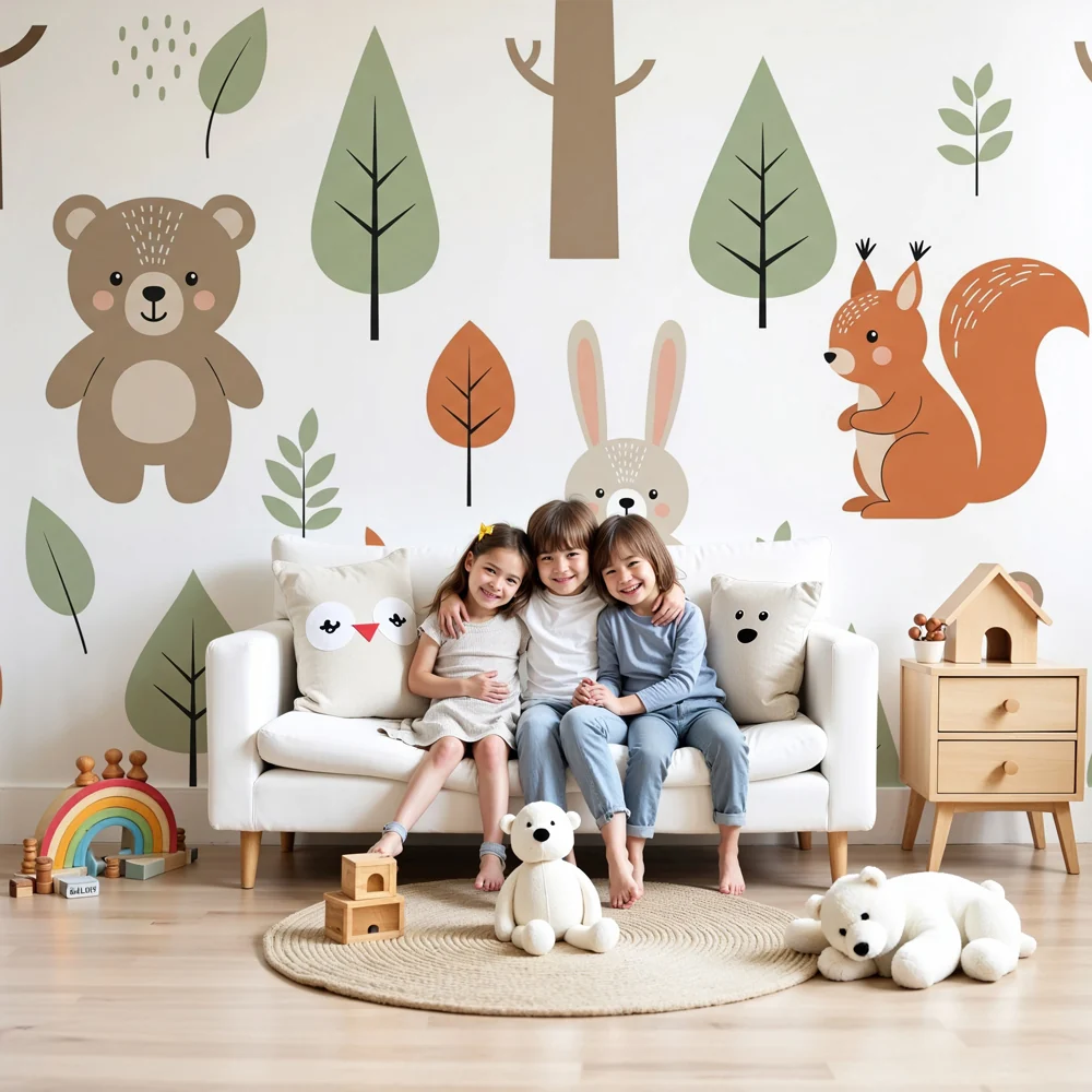 Kinderzimmer Tapete | Sanfte Waldtiere und Salbeigrün