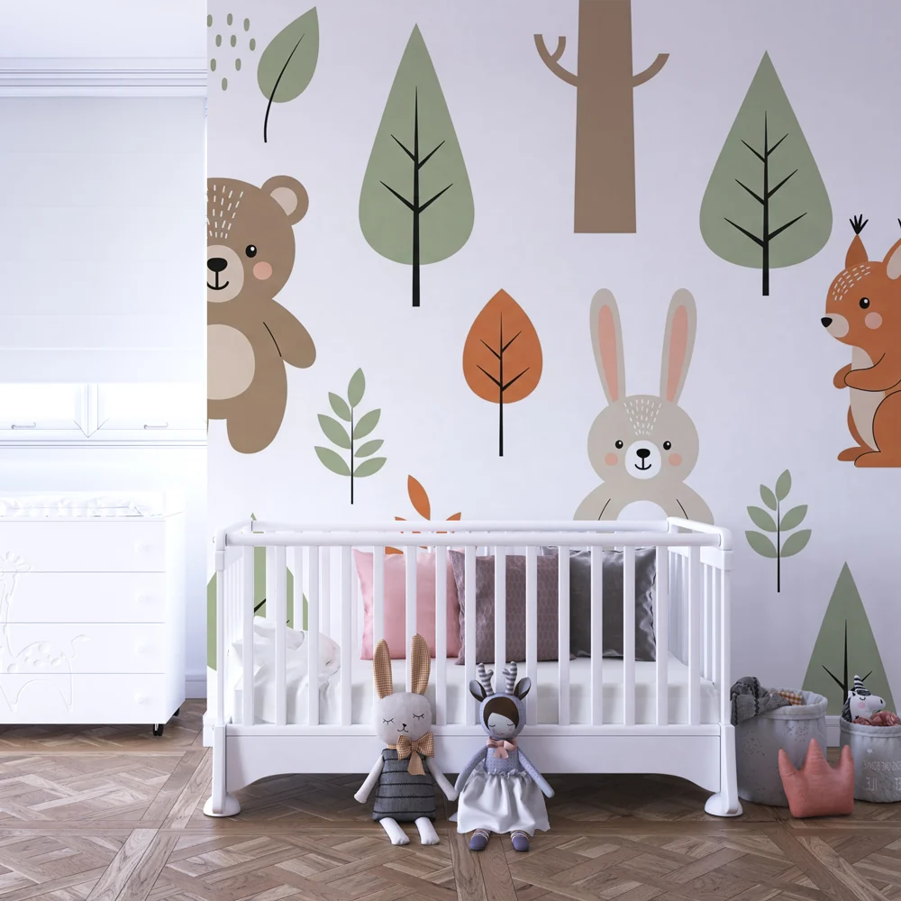 Kinderzimmer Tapete | Sanfte Waldtiere und Salbeigrün