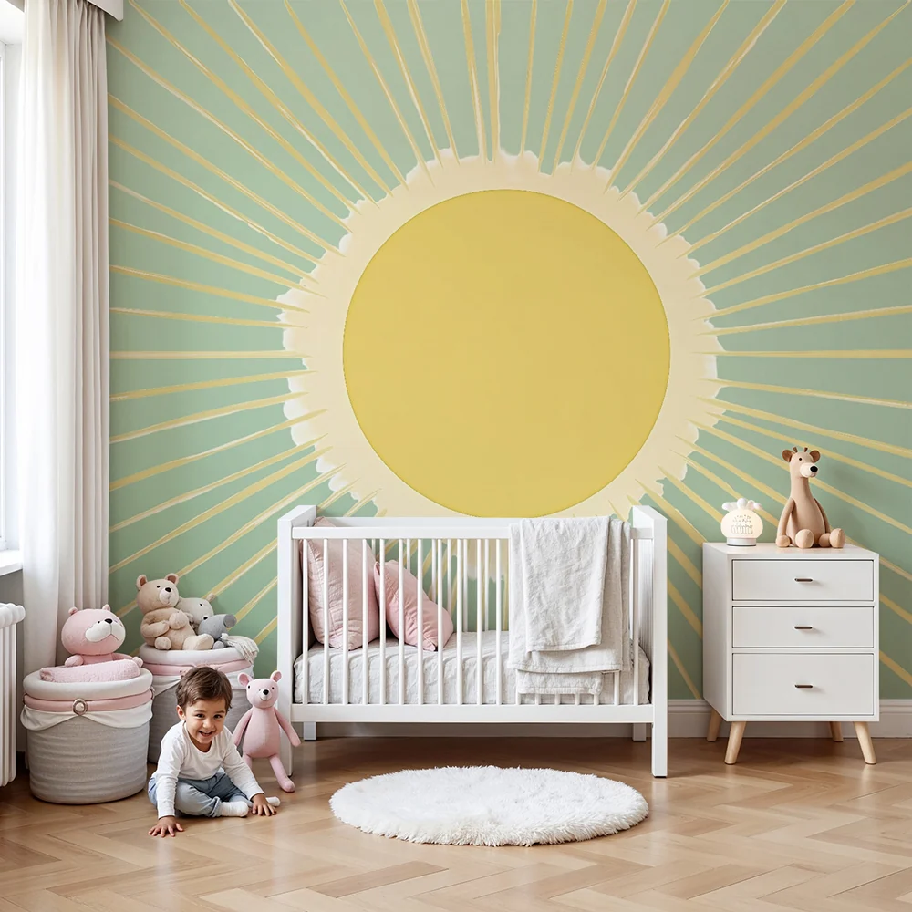 Kinderzimmer Tapete | Strahlende Sonne auf grünem Hintergrund