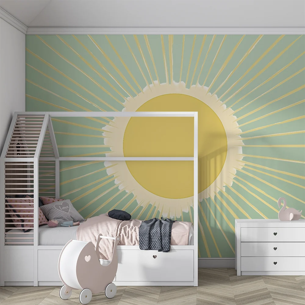Kinderzimmer Tapete | Strahlende Sonne auf grünem Hintergrund