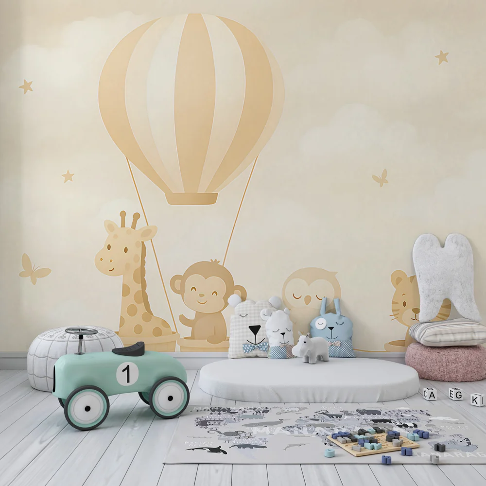 Kinderzimmer Tapete | Tiere im Heißluftballon und Zug