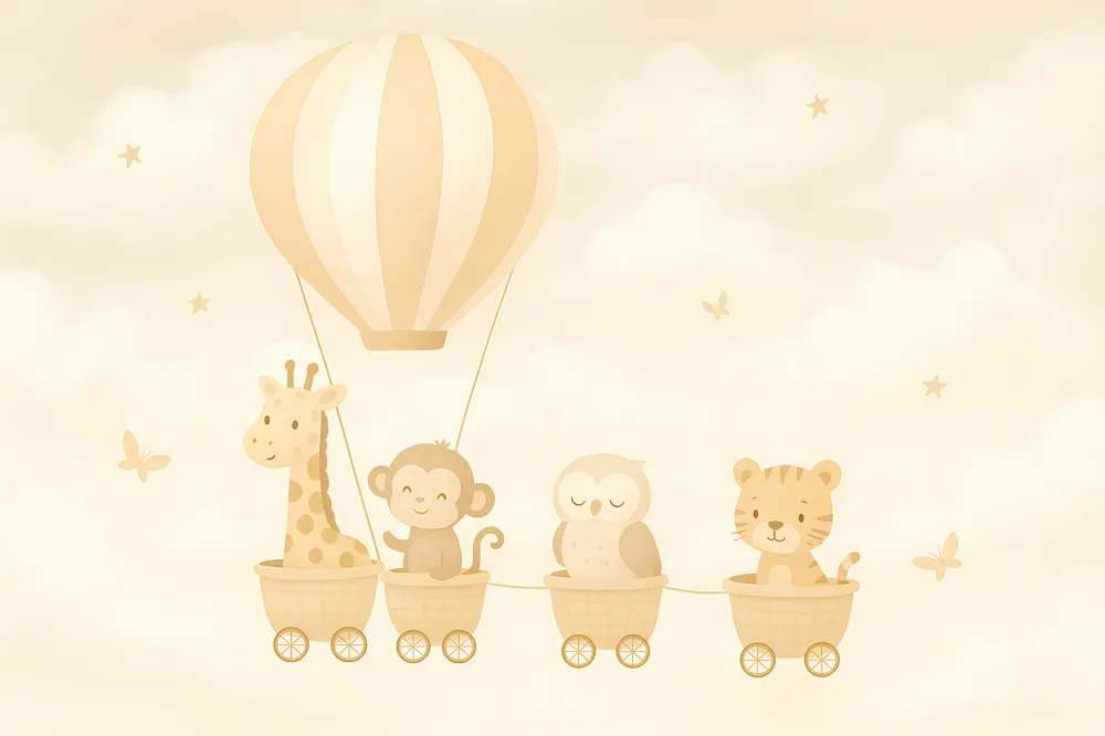 Kinderzimmer Tapete | Tiere im Heißluftballon und Zug