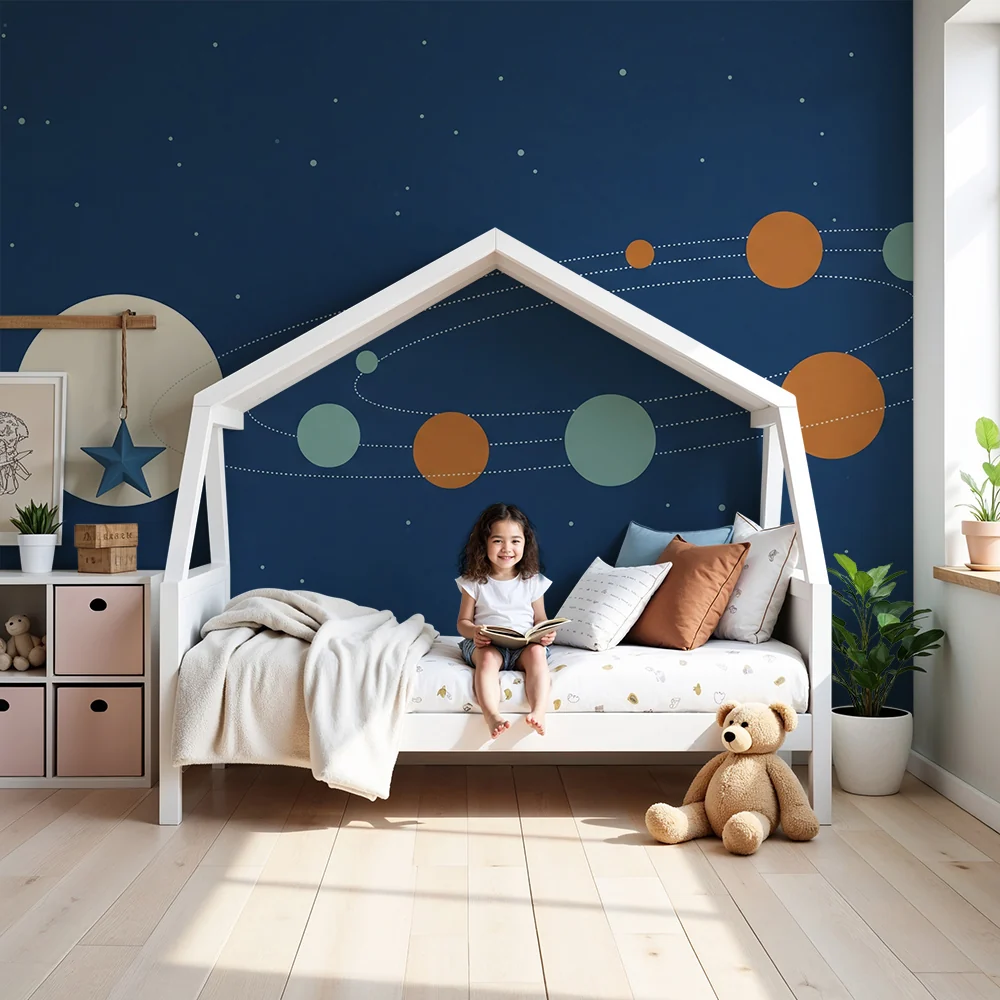 Kinderzimmer Tapete | Universum Hintergrund Blau mit Planeten und Sternen