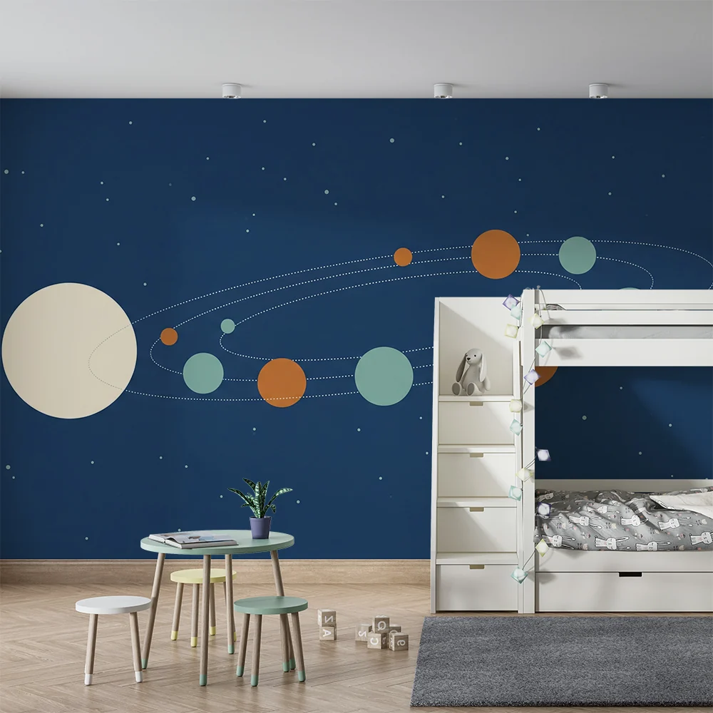 Kinderzimmer Tapete | Universum Hintergrund Blau mit Planeten und Sternen
