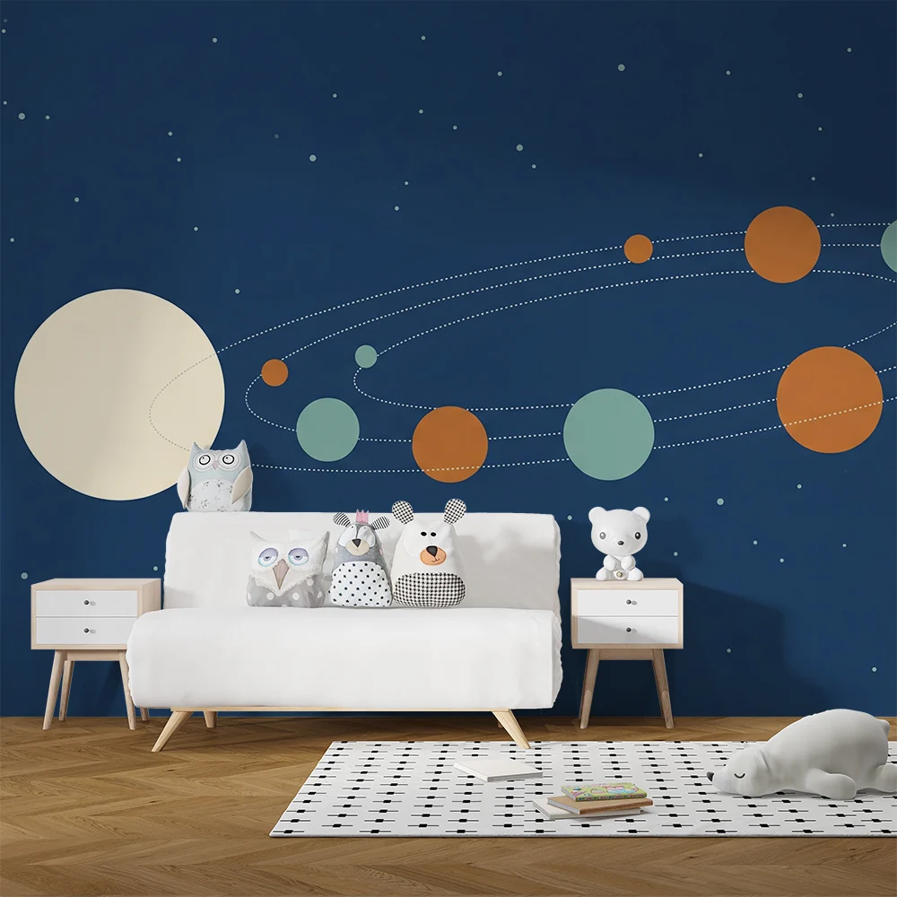 Kinderzimmer Tapete | Universum Hintergrund Blau mit Planeten und Sternen