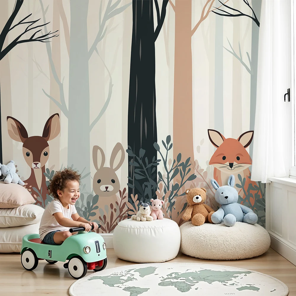 Kinderzimmer Tapete | Waldtiere mit einem Hirsch, einem Hasen und einem Fuchs