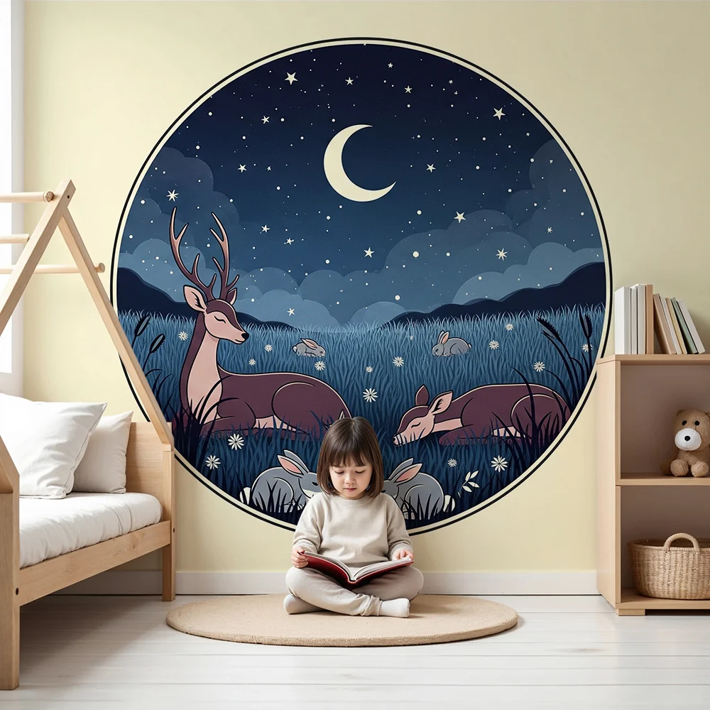 Kinderzimmer Tapete | Waldtiere unter einem Sternenhimmel