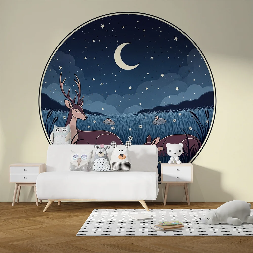Kinderzimmer Tapete | Waldtiere unter einem Sternenhimmel