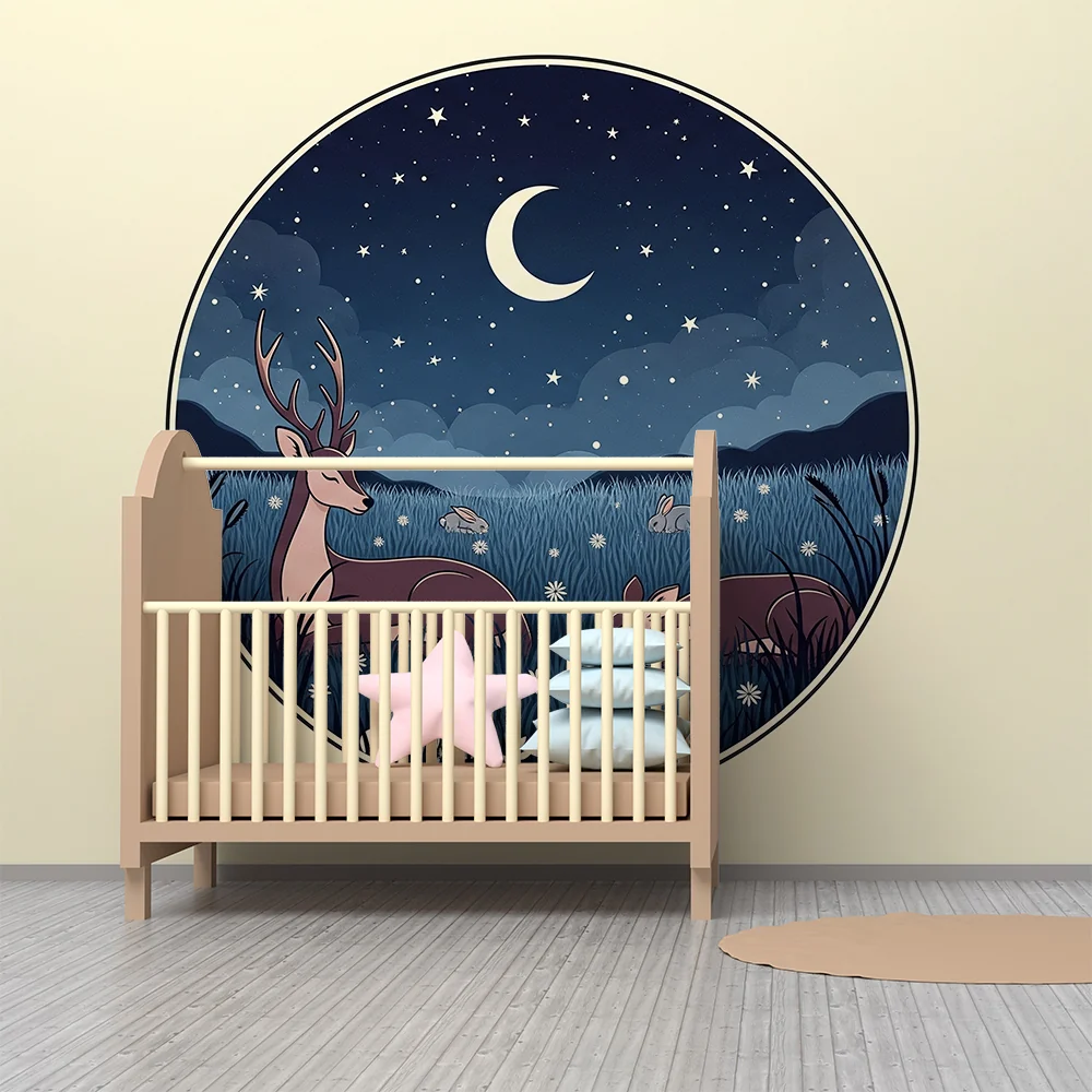 Kinderzimmer Tapete | Waldtiere unter einem Sternenhimmel