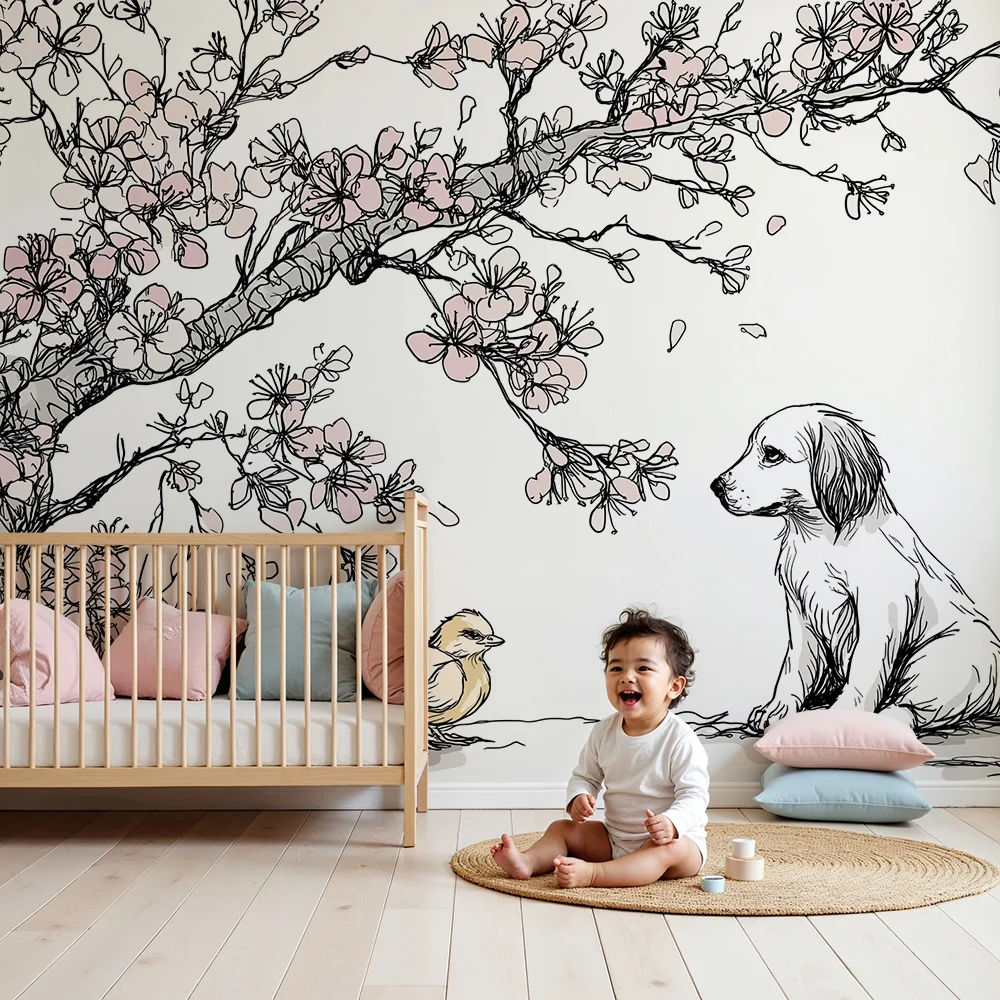 Kinderzimmer Tapete | Welpe und Küken unter einer blühenden Kirschblüte
