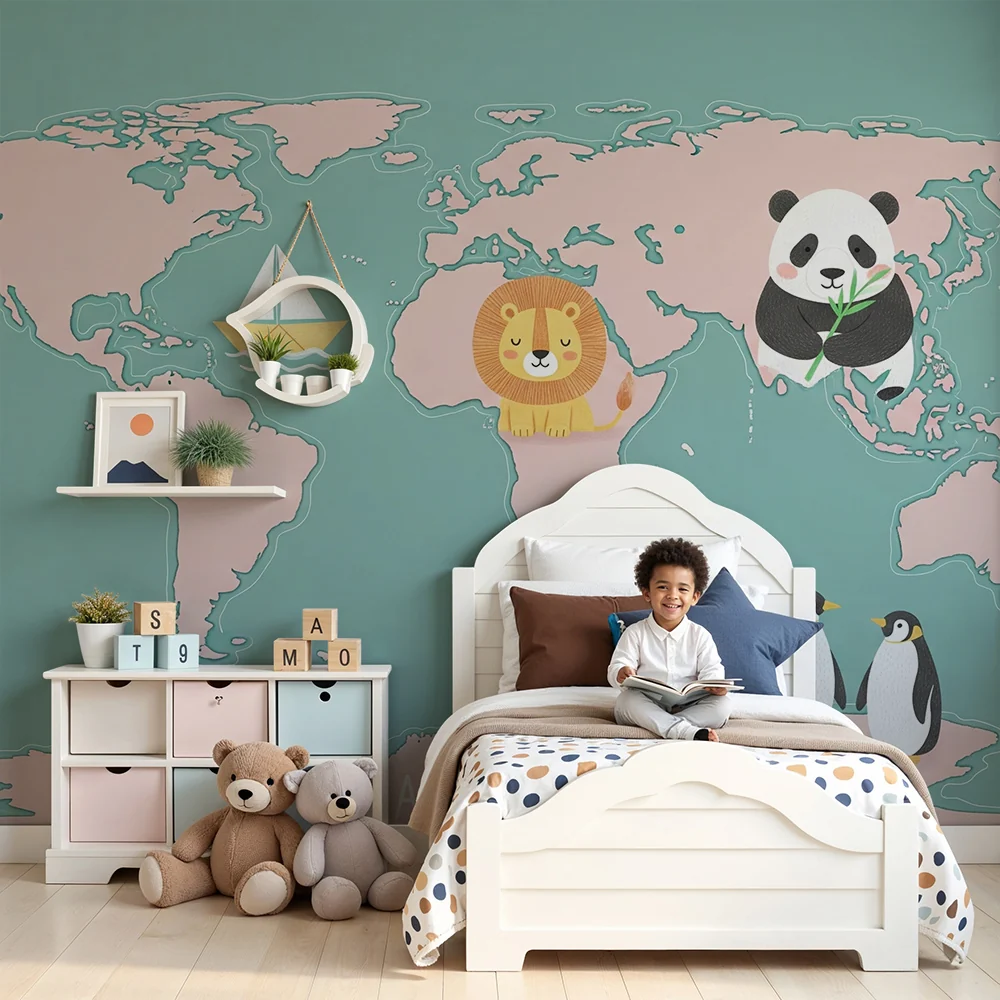 Kinderzimmer Tapete | Weltkarte mit niedlichen Tieren und Boot
