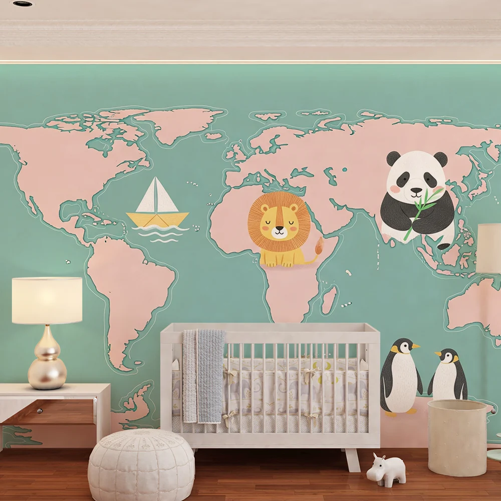 Kinderzimmer Tapete | Weltkarte mit niedlichen Tieren und Boot
