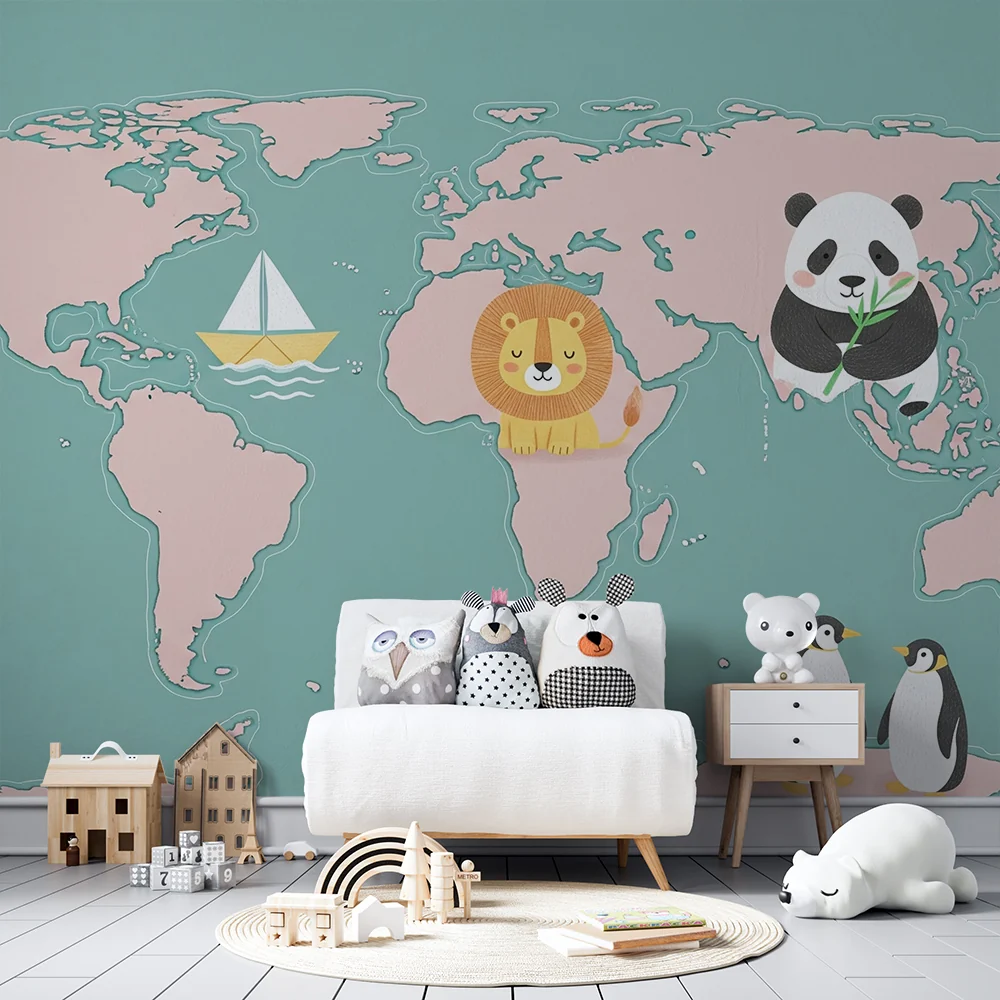 Kinderzimmer Tapete | Weltkarte mit niedlichen Tieren und Boot