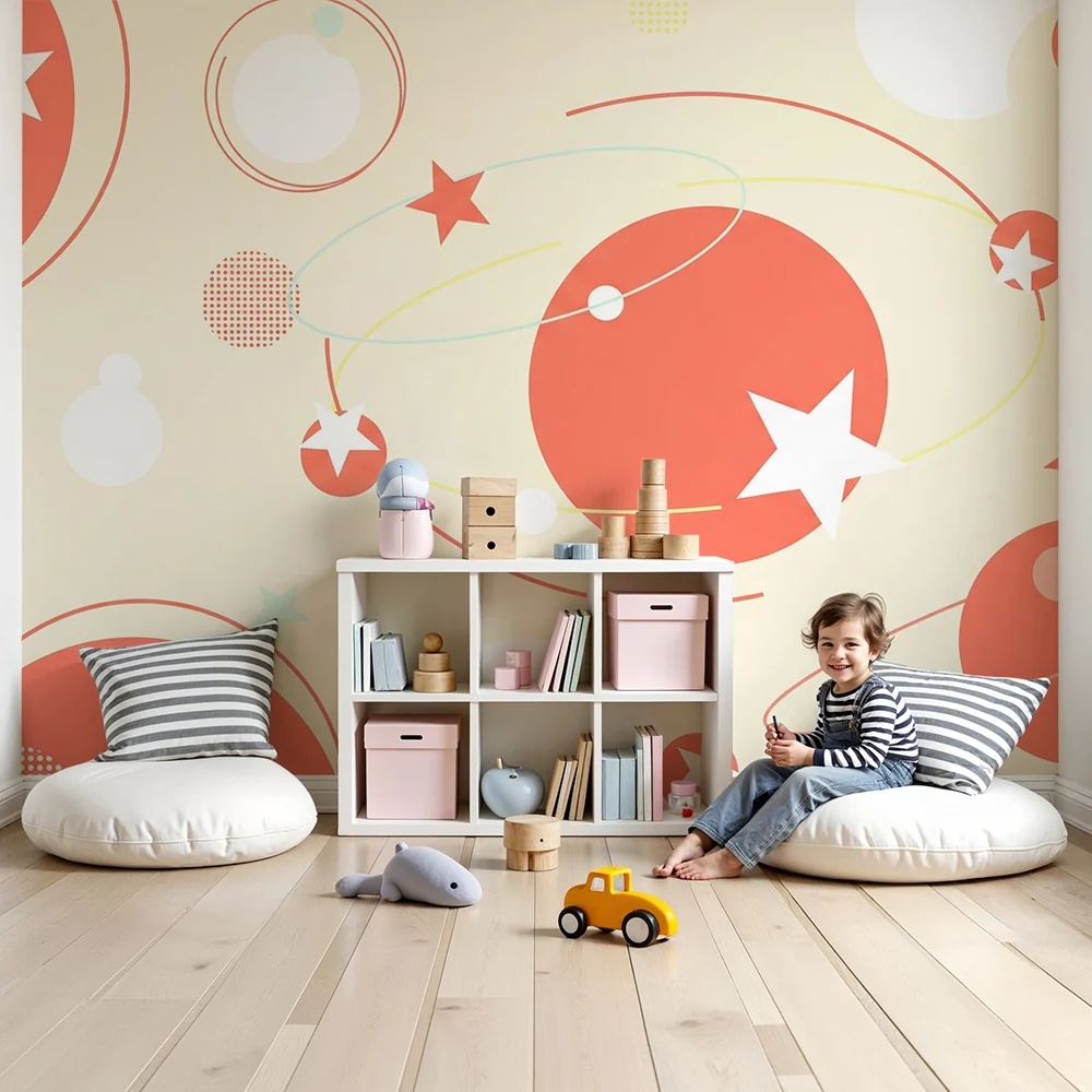 Kinderzimmer Tapete | Weltraum mit bunten Sternen und Planeten