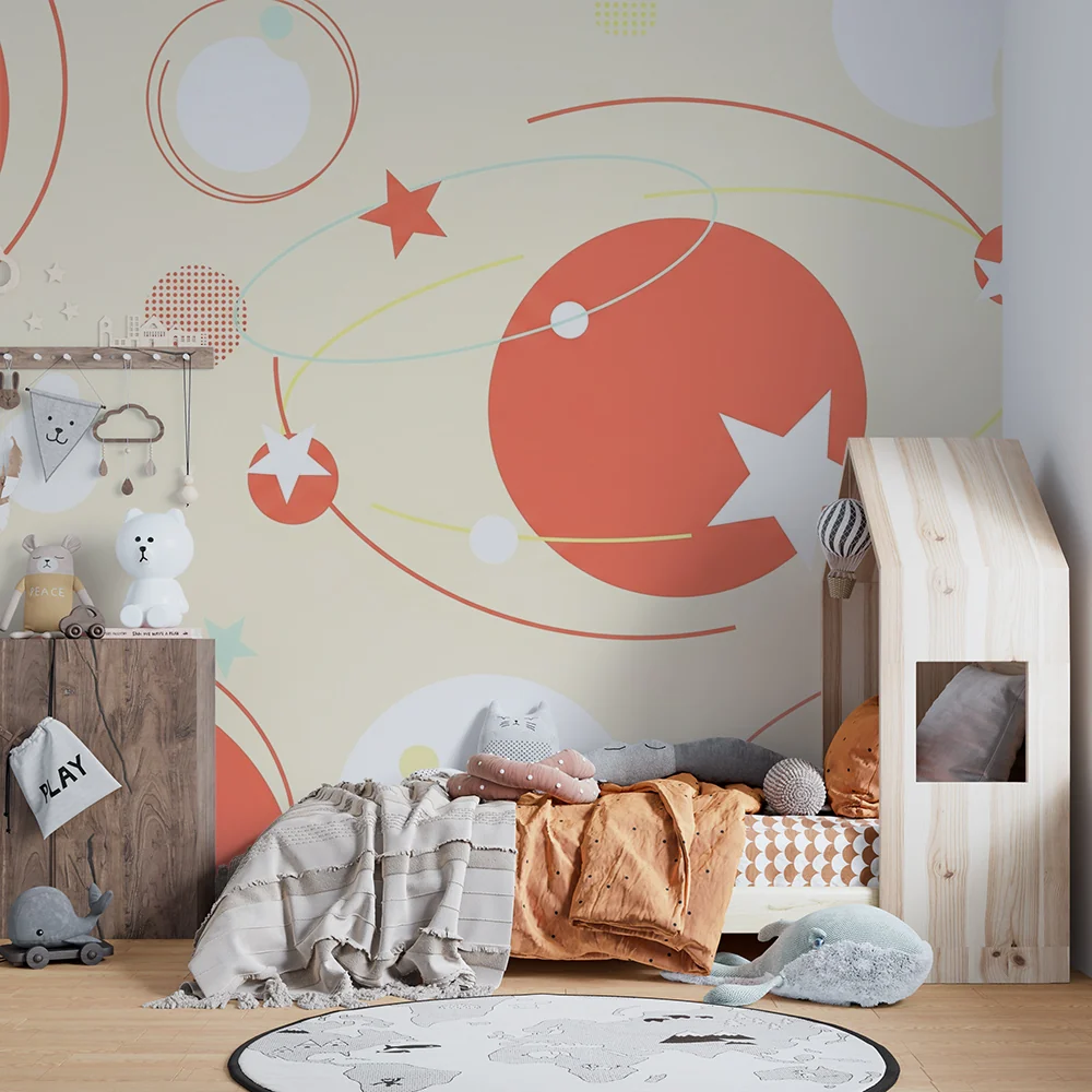 Kinderzimmer Tapete | Weltraum mit bunten Sternen und Planeten