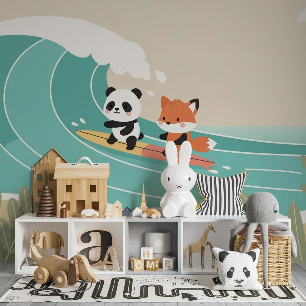 Papel de parede crianç | Aventuras de surfistas pandas e raposas