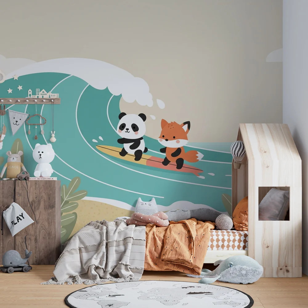 Papel de parede crianç | Aventuras de surfistas pandas e raposas