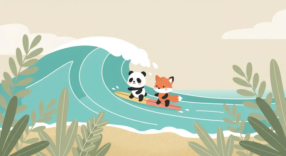 Papel de parede crianç | Aventuras de surfistas pandas e raposas