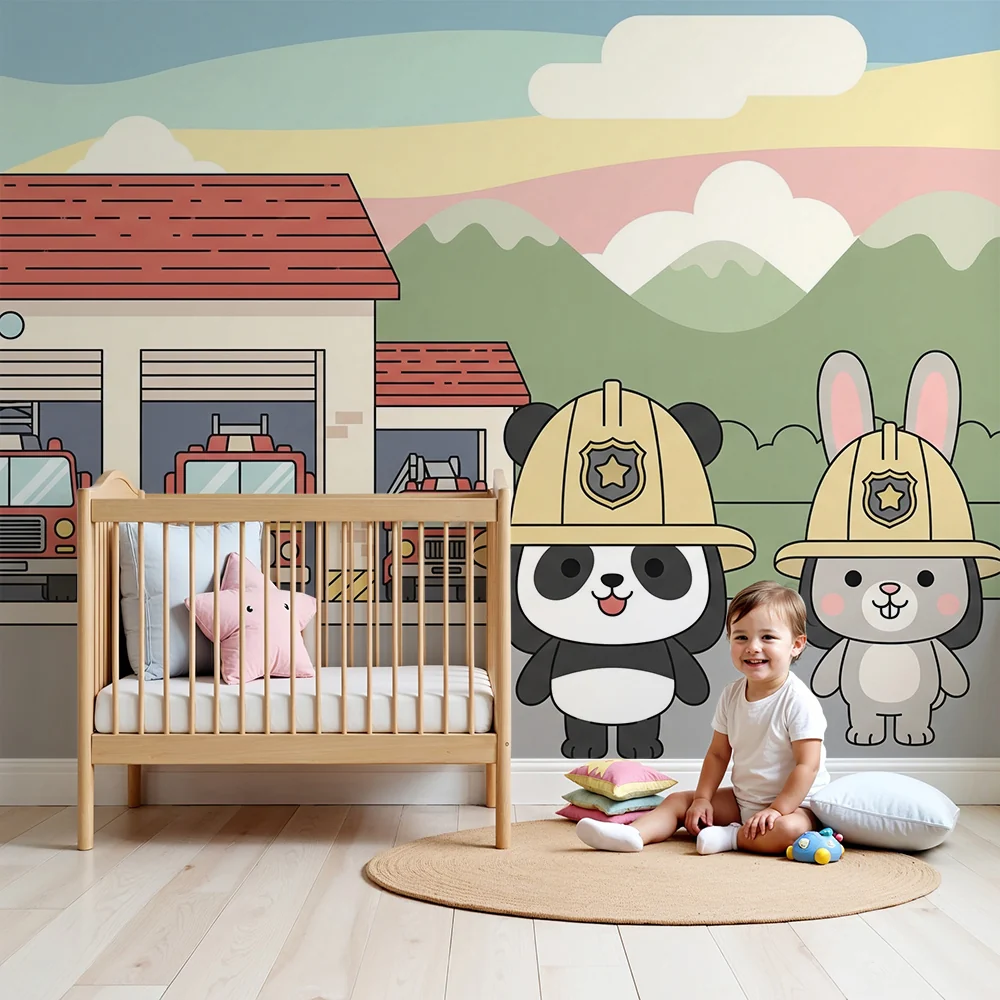 Papel de parede crianç | Bonitos bombeiros e quartéis coloridos