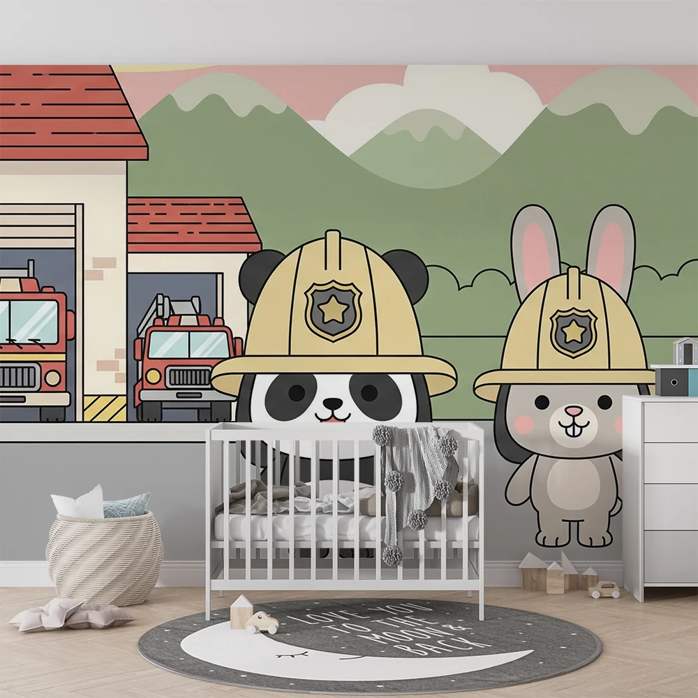 Papel de parede crianç | Bonitos bombeiros e quartéis coloridos