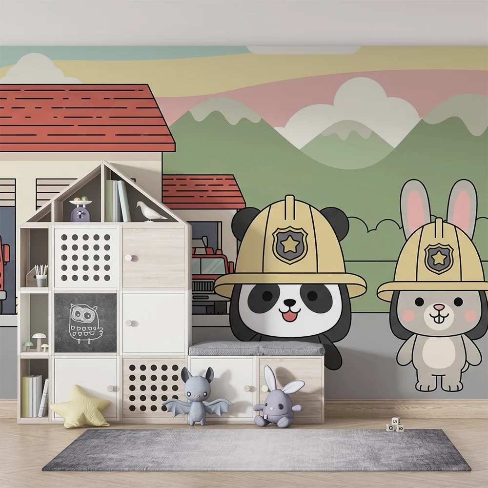 Papel de parede crianç | Bonitos bombeiros e quartéis coloridos