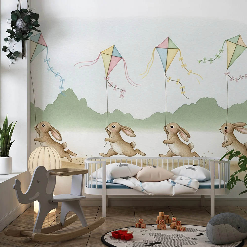 Papel de parede crianç | Coelhinhos e papagaios coloridos