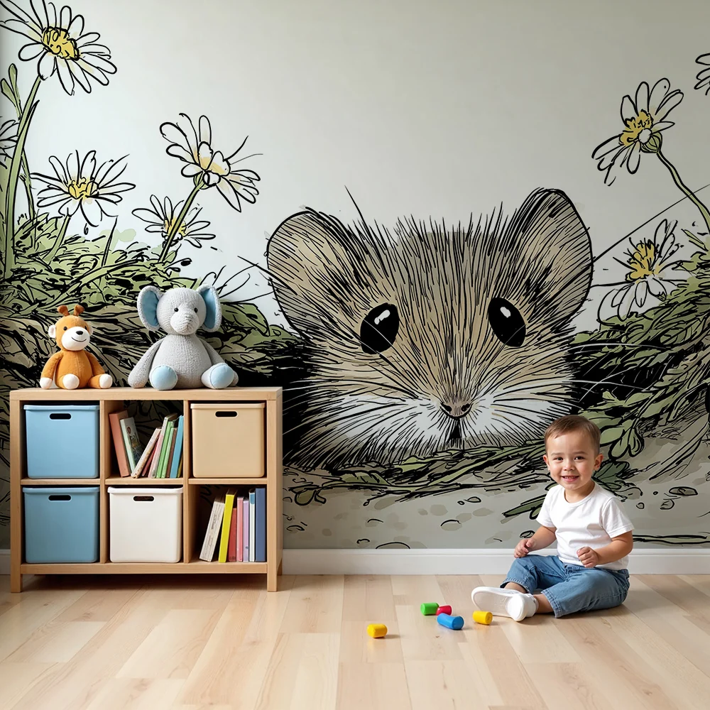Papel de parede crianç | Curioso mouse cercado por flores do campo
