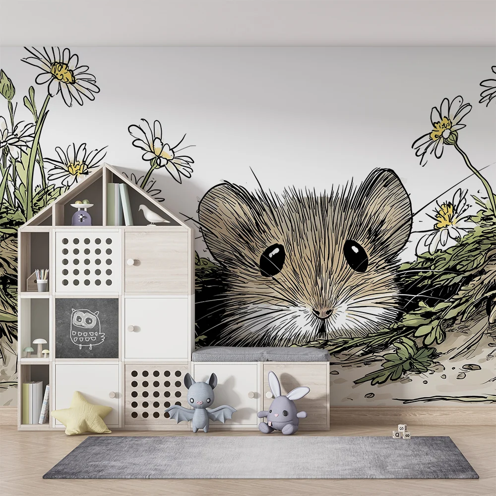 Papel de parede crianç | Curioso mouse cercado por flores do campo