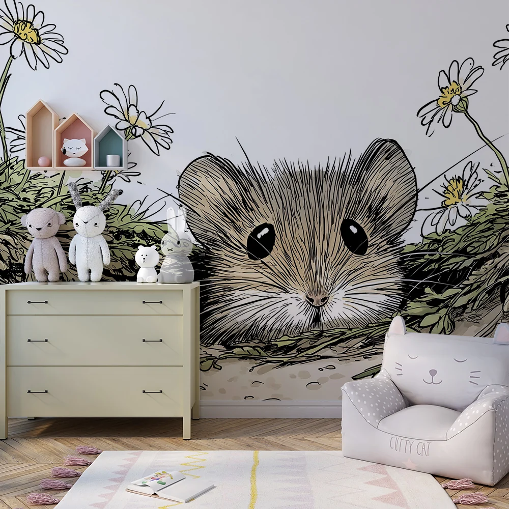 Papel de parede crianç | Curioso mouse cercado por flores do campo