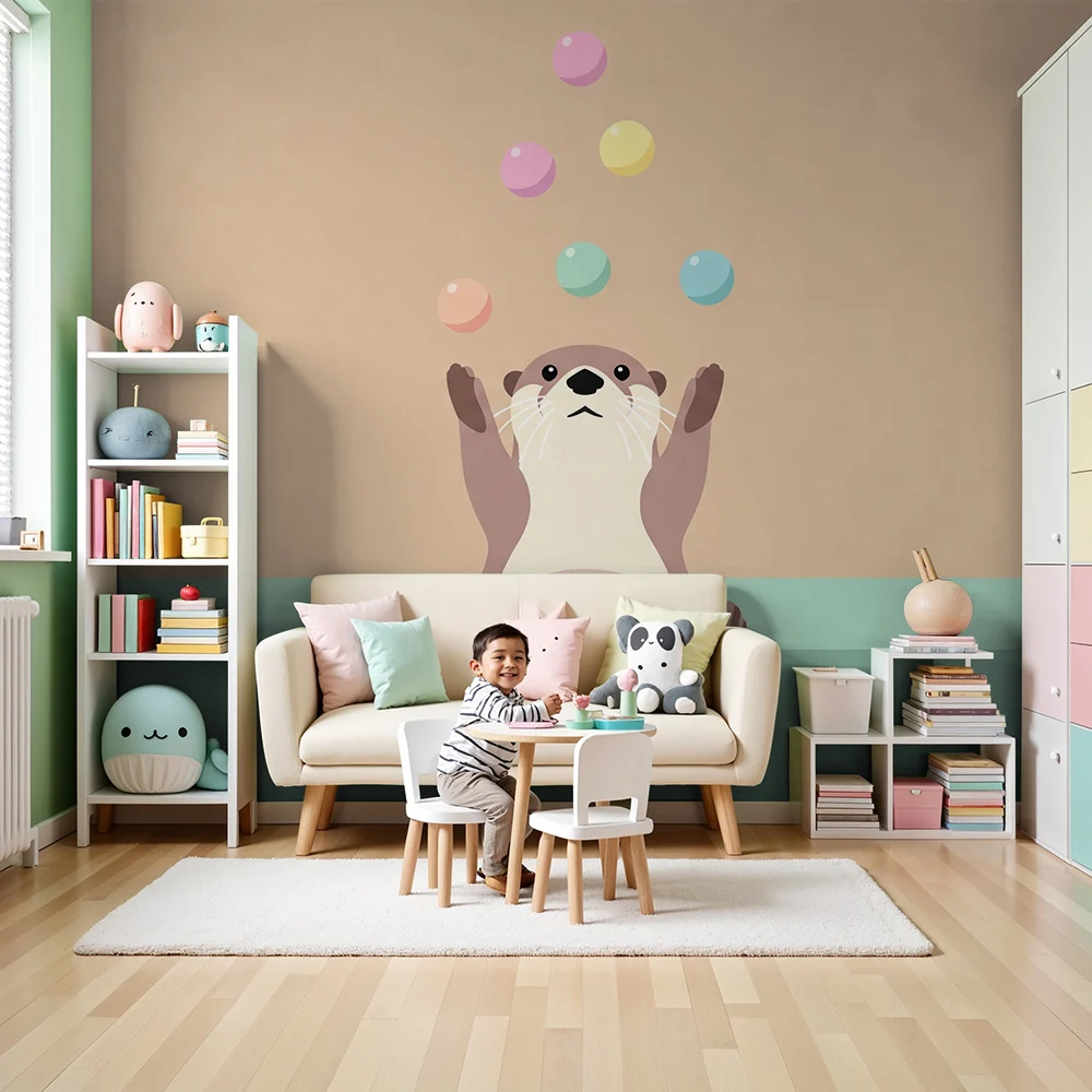 Papel de parede crianç | Divertida lontra malabarista com bolhas coloridas