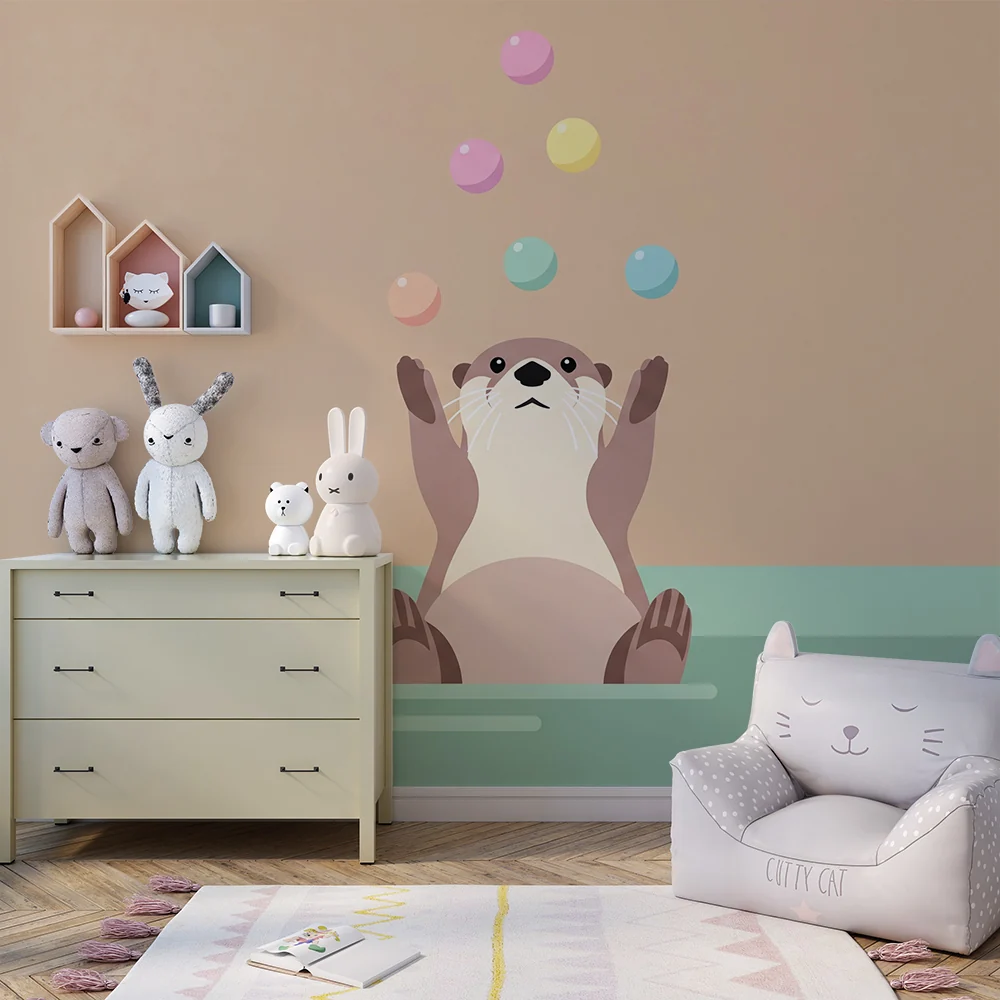 Papel de parede crianç | Divertida lontra malabarista com bolhas coloridas