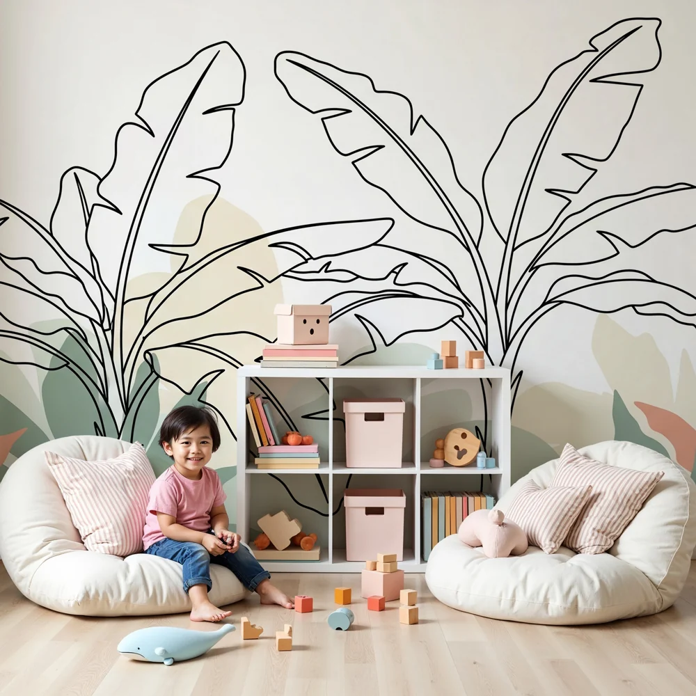 Papel de parede crianç | Folhas tropicais minimalistas verde sálvia e terracota