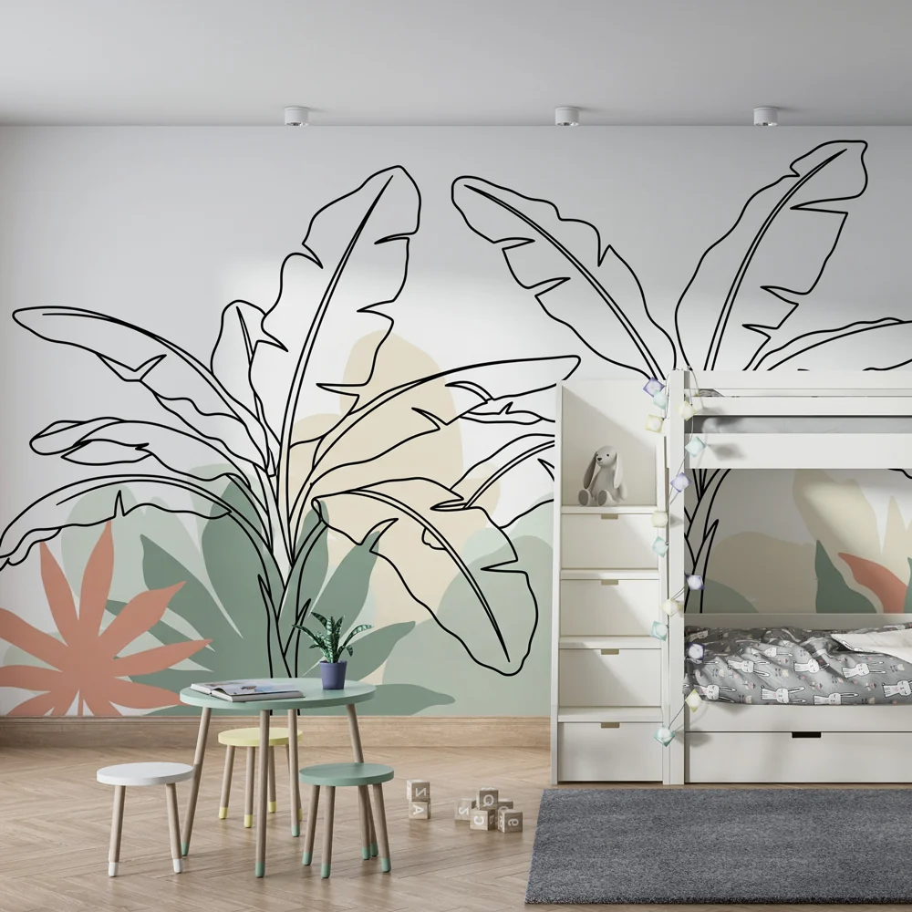 Papel de parede crianç | Folhas tropicais minimalistas verde sálvia e terracota