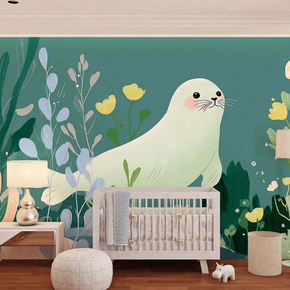 Papel de parede crianç | Simpática foca nadando entre as algas coloridas