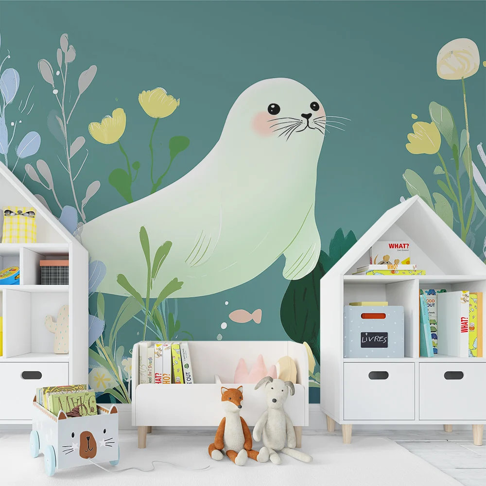 Papel de parede crianç | Simpática foca nadando entre as algas coloridas