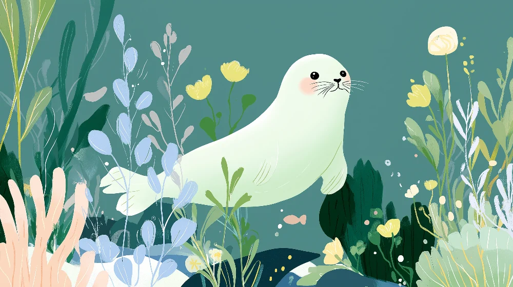 Papel de parede crianç | Simpática foca nadando entre as algas coloridas