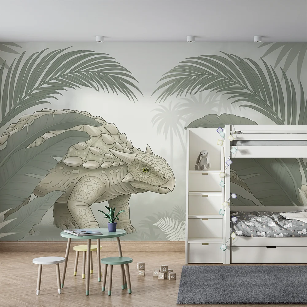 Papel de parede crianç | Simpático dinossauro no meio da selva tropical