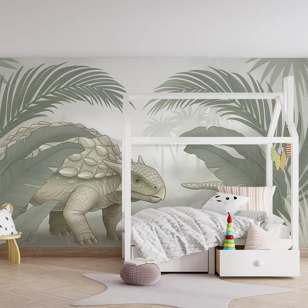 Papel de parede crianç | Simpático dinossauro no meio da selva tropical