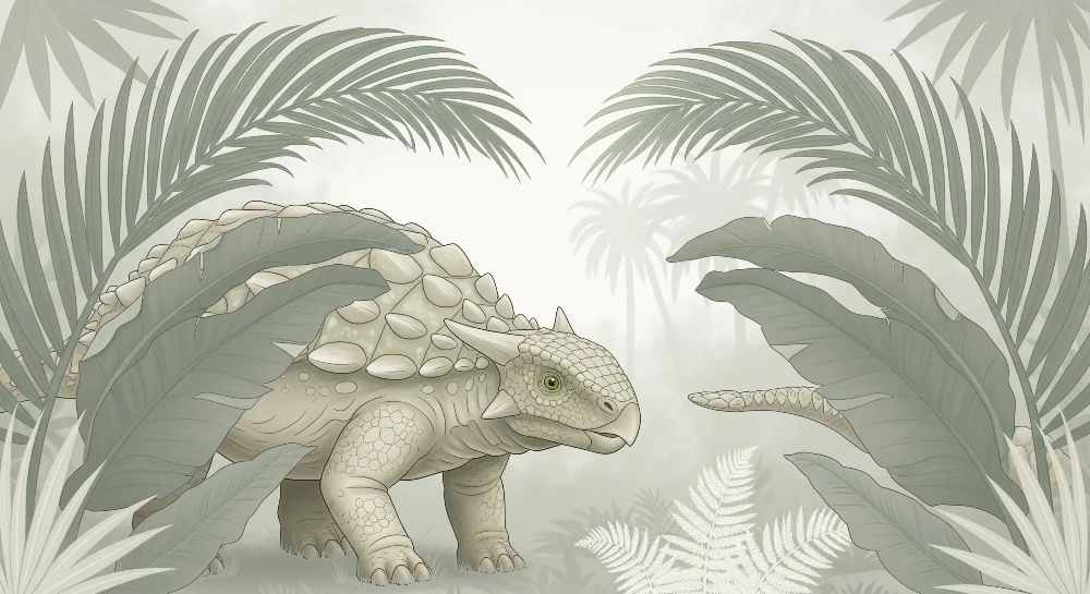 Papel de parede crianç | Simpático dinossauro no meio da selva tropical