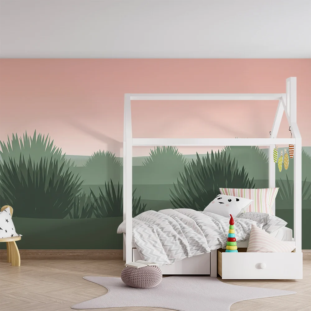 Papel de parede crianç | Suave paisagem com arbustos e céu pastel