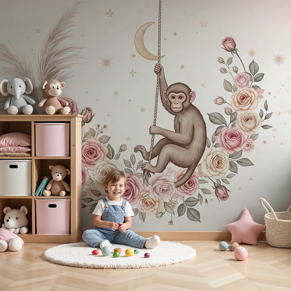Papel de parede quarto bebê | Šaljivi majmun visi među nježnim ružama