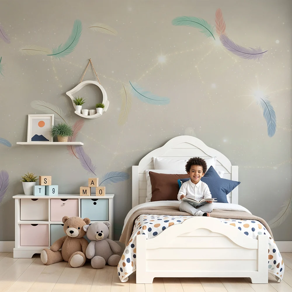 Papel de parede quarto bebê | Šarene perje i sjajne zvijezde na nježnoj pozadini
