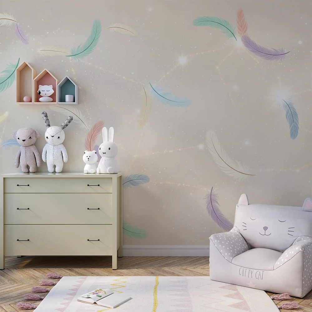 Papel de parede quarto bebê | Šarene perje i sjajne zvijezde na nježnoj pozadini