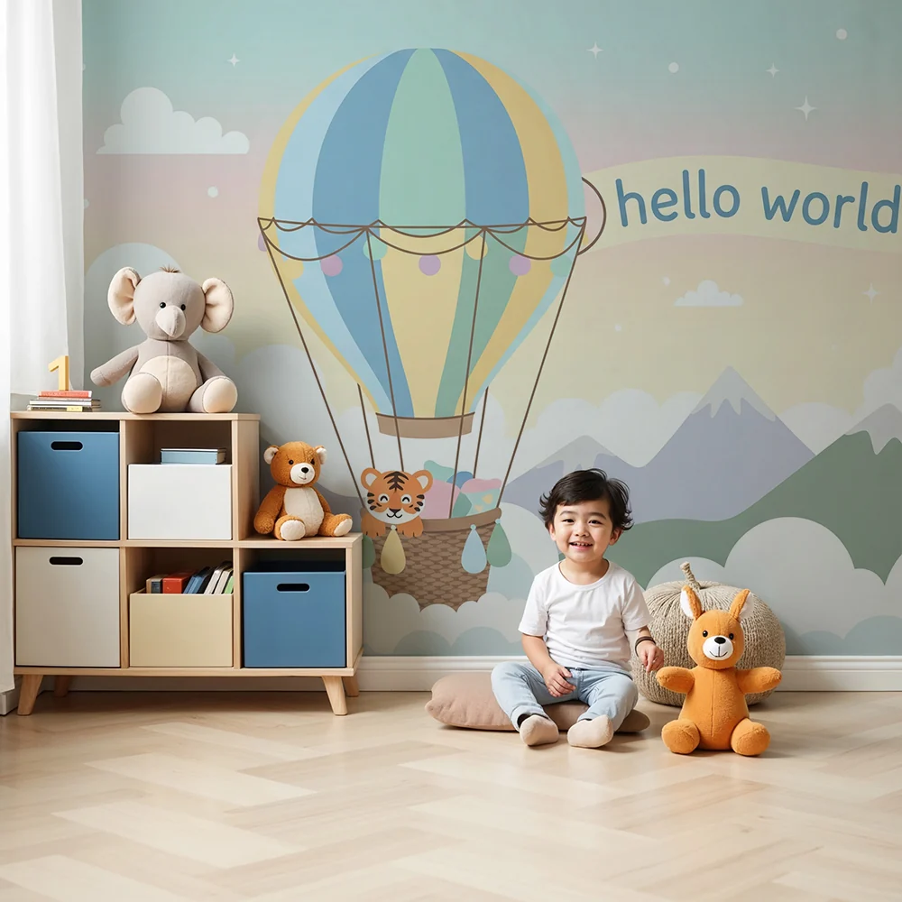 Papel de parede quarto bebê | Šareni balon s ljubavnim tigrom u oblacima