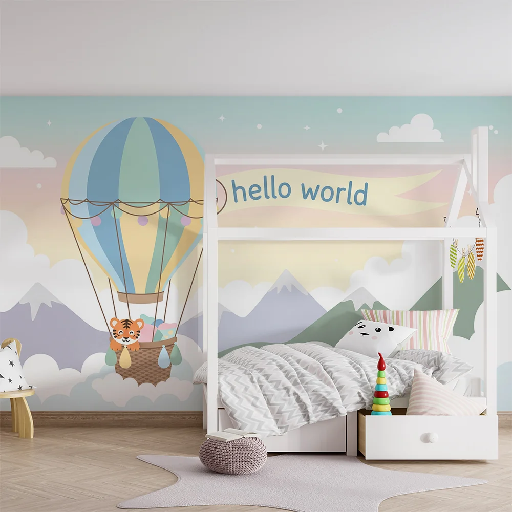 Papel de parede quarto bebê | Šareni balon s ljubavnim tigrom u oblacima