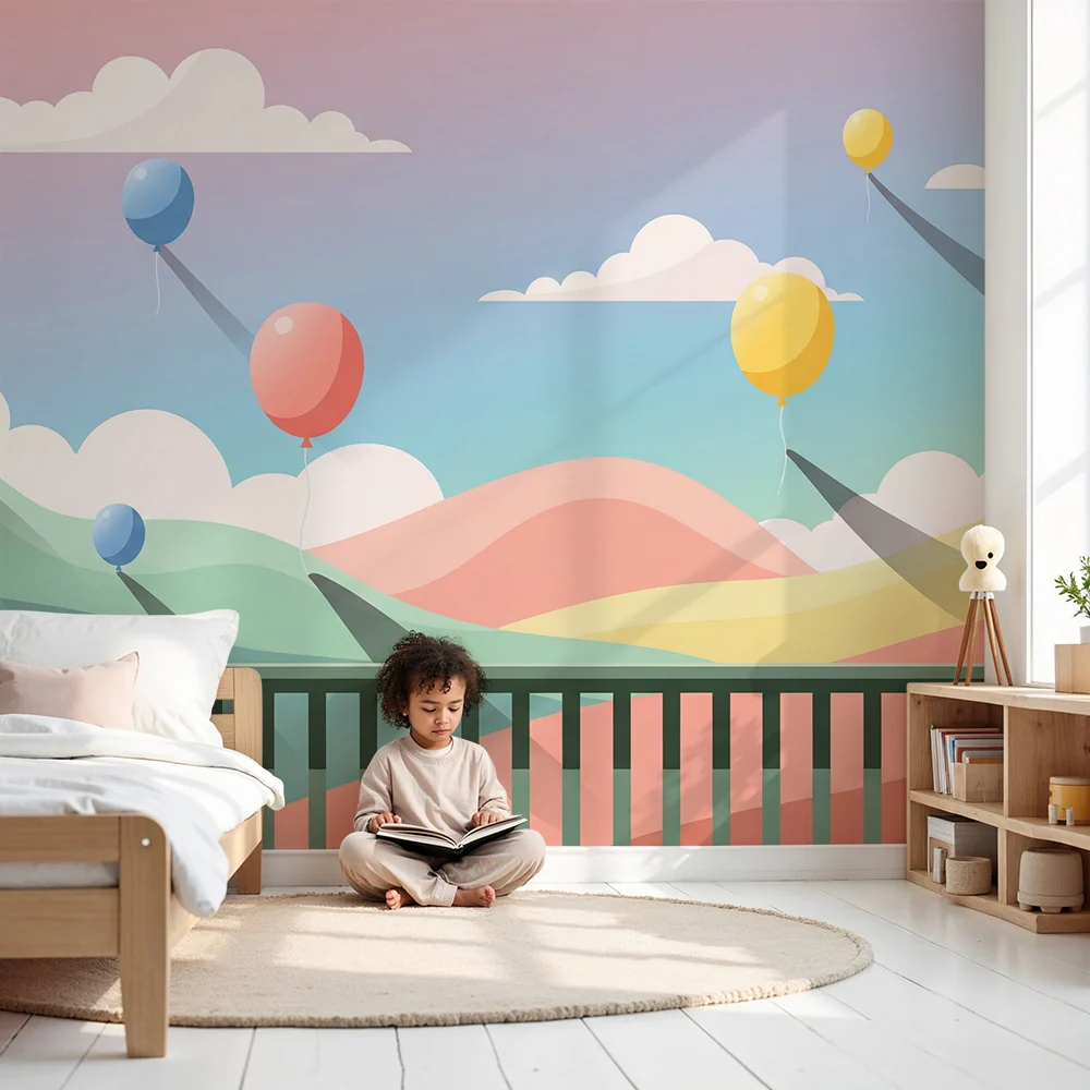 Papel de parede quarto bebê | Šareni baloni lebde iznad pastelnih brežuljaka